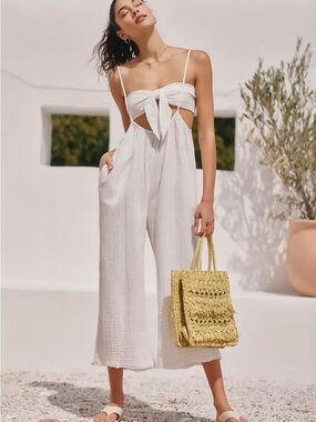 Anthropologie White Tie-Front Wide-Leg Jumpsuit with Spaghetti Straps